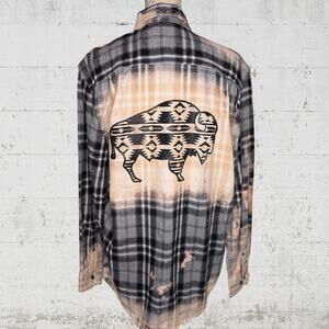 Buffalo Aztec Flannel Shirt Custom Bleach Designed, Native, Boho Medium